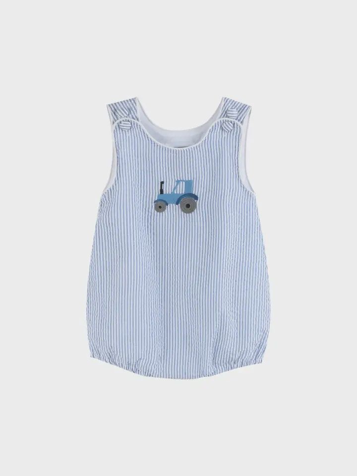 Dark Blue Tractor Seersucker Bubble Romper, Size: 3-6M