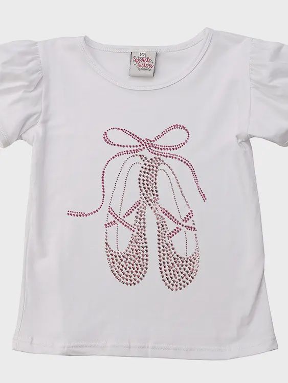 Pink Studded Ballet Slippers on Puff Sleeve Tee, Size: 4, Color: White