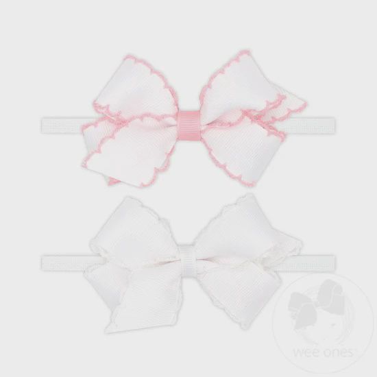 Two Mini Grosgrain Bows with Moonstitch Edge on Skinny Nylon Band - WHT/PNK