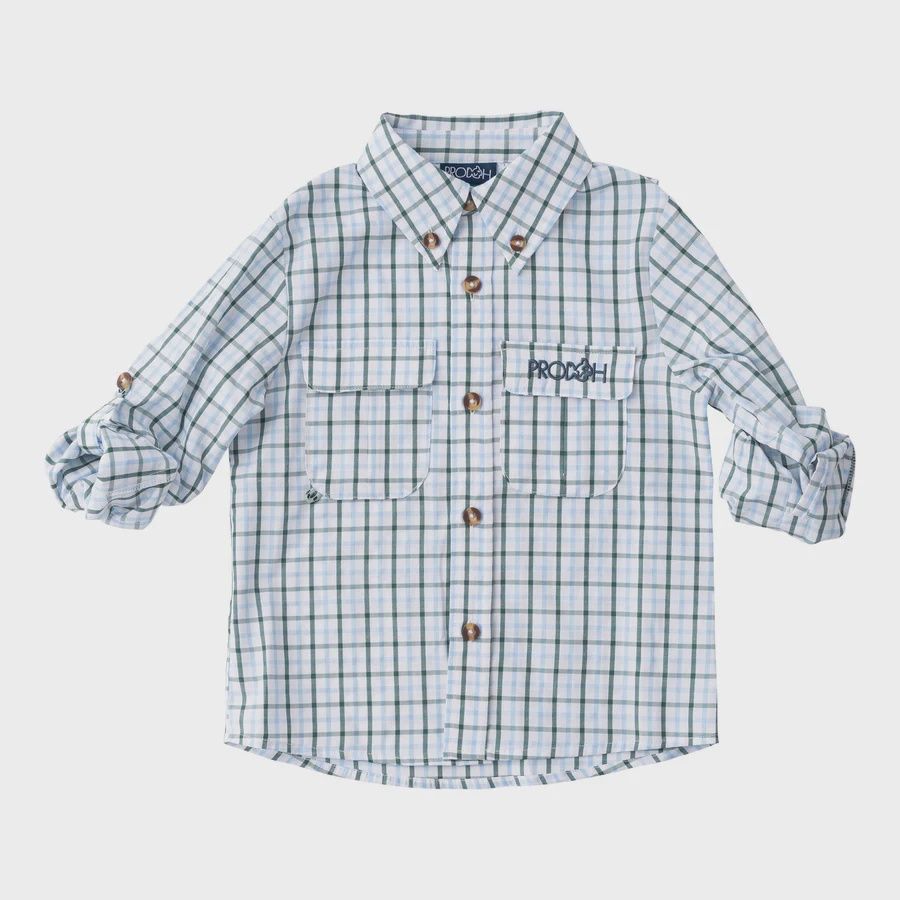 Founders Fishing Shirt - Posy Green Powder Blue Windowpane, Size: 2T