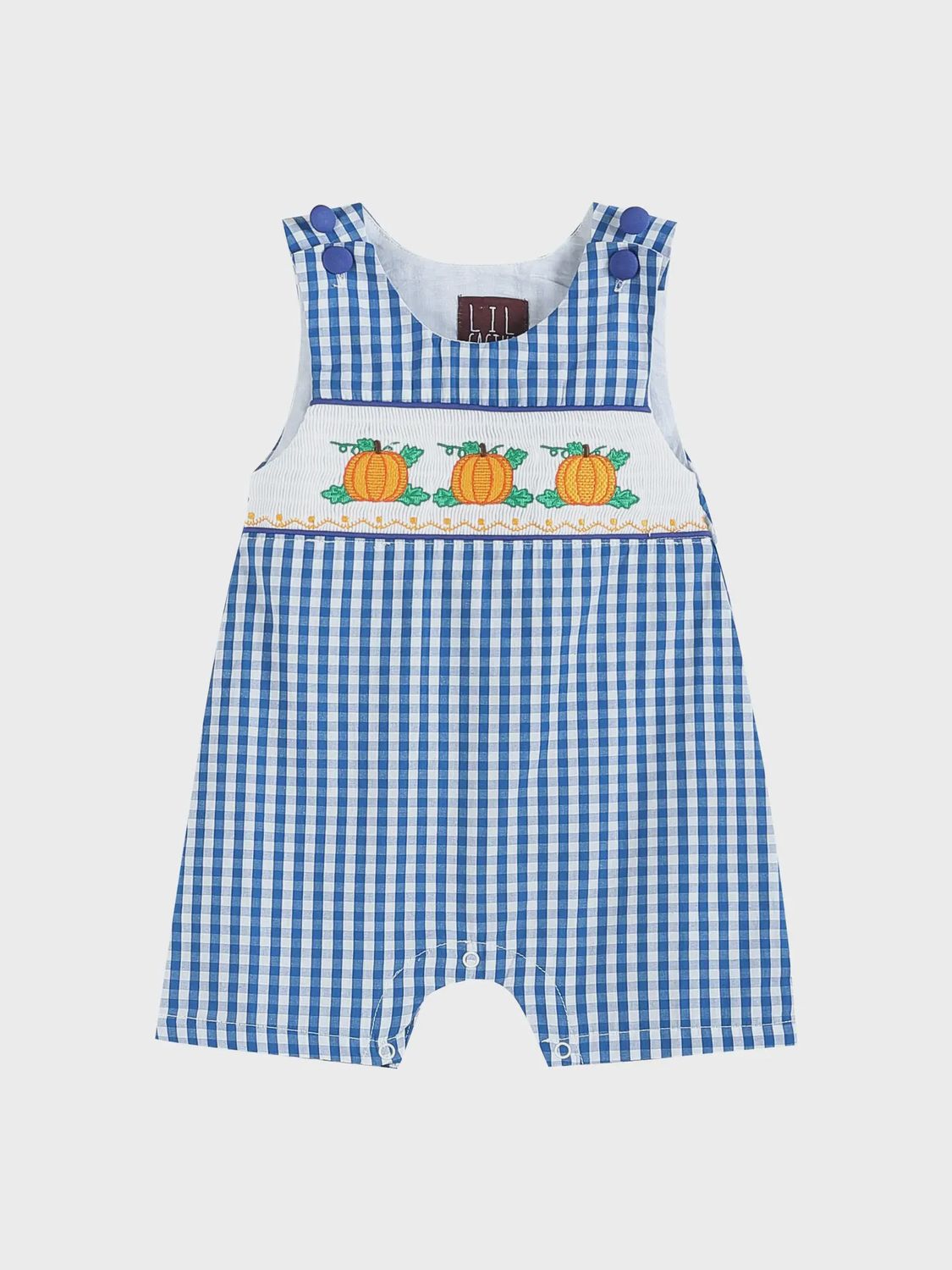 Royal Blue Gingham Pumpkin Smocked Shortalls, Size: 6-12M,