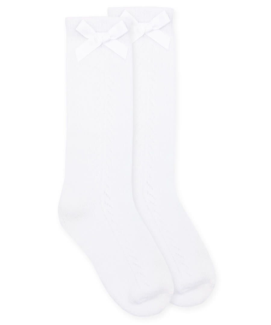 Pointelle Bow Knee High Socks - White, Size: XS
