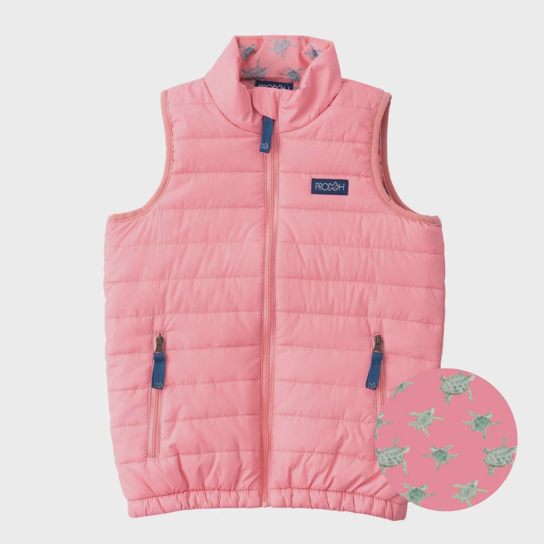 Girl&#39;s Puffer Vest in Plumeria Pink with Sea Turtle Print Liner, Size: 2T