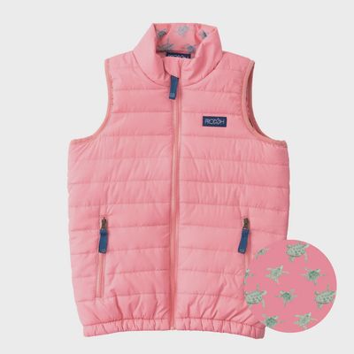 Girl&#39;s Puffer Vest in Plumeria Pink with Sea Turtle Print Liner