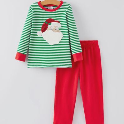 Christmas Santa Applique Striped Boys Outfit Set