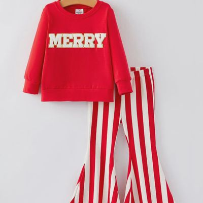 Christmas “Merry” Applique Girls Striped Bell-Bottom Pants Outfit Set