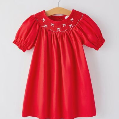 Girls Bow Smocking Embroidered Red Dress