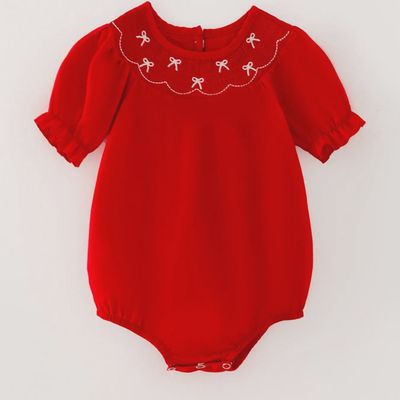 Girls Bow Smocking Embroidered Red Romper