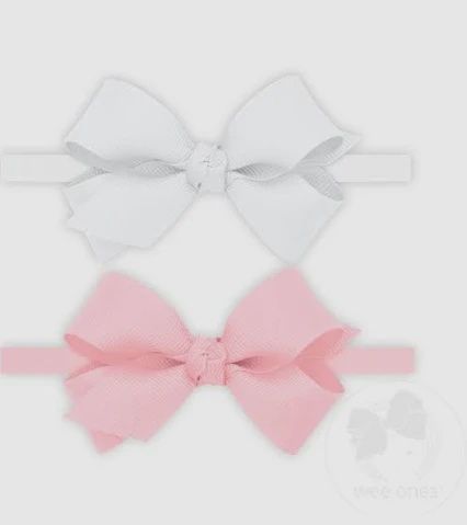 Two Mini Grosgrain Bows W/ Bands - WHT/LPK