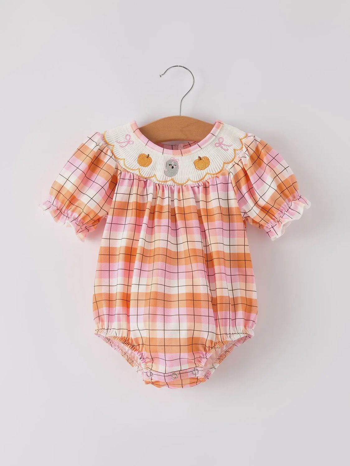 Plaid Pumpkin Bow Ghost Smock Bubble, Size: 3M