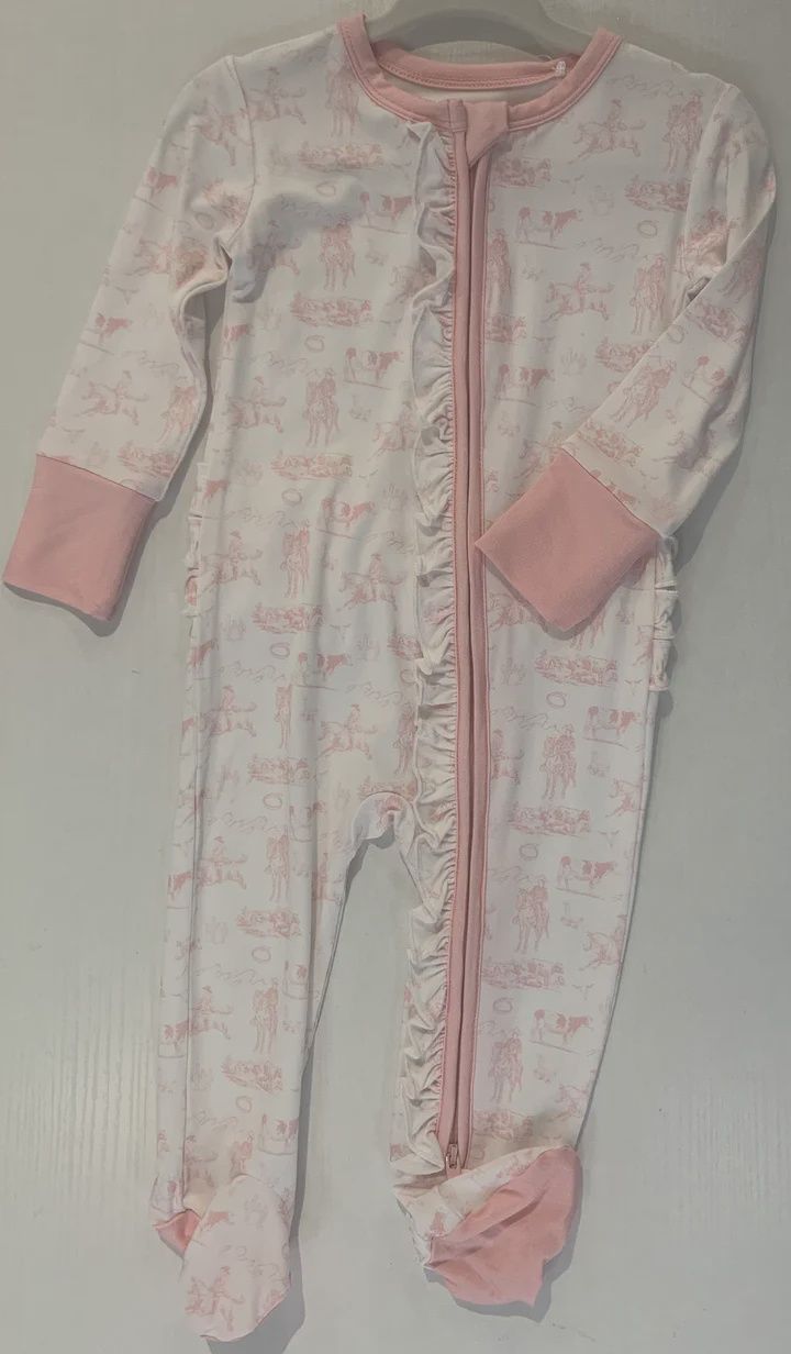 Pink Western Footie w/ double zip, Size: 3M