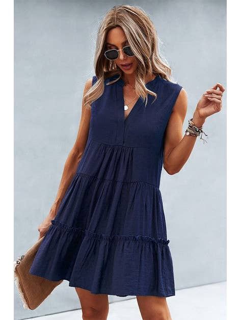 Solid V Neck Flat Collar Tiered Shift Dress