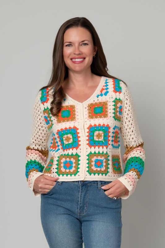 Crochet Square Button Front Cardigan