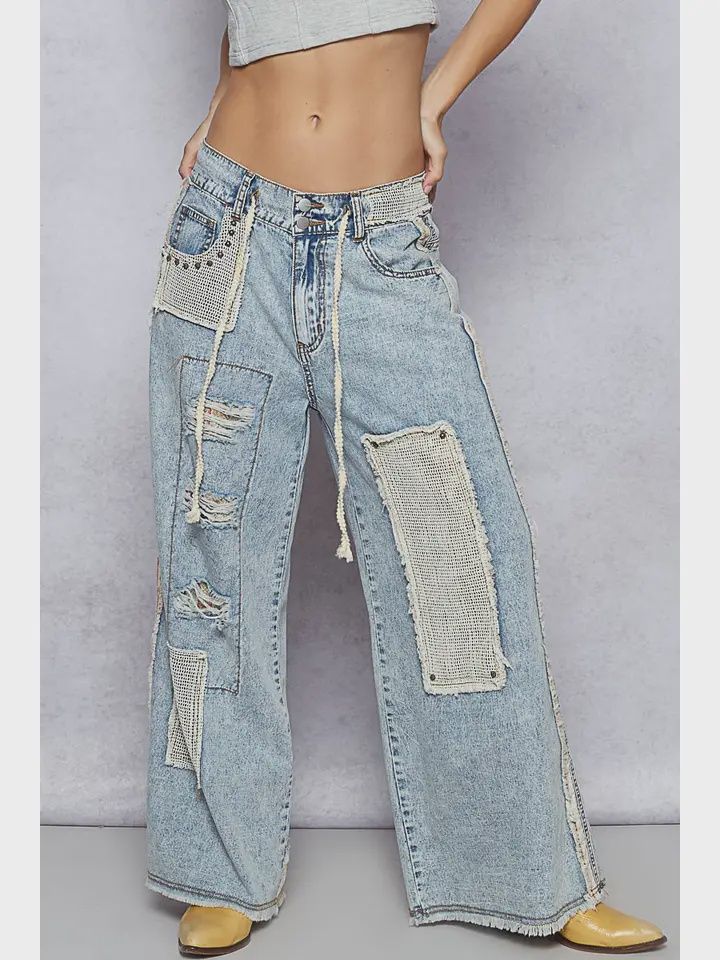 Stud detail woven denim pants