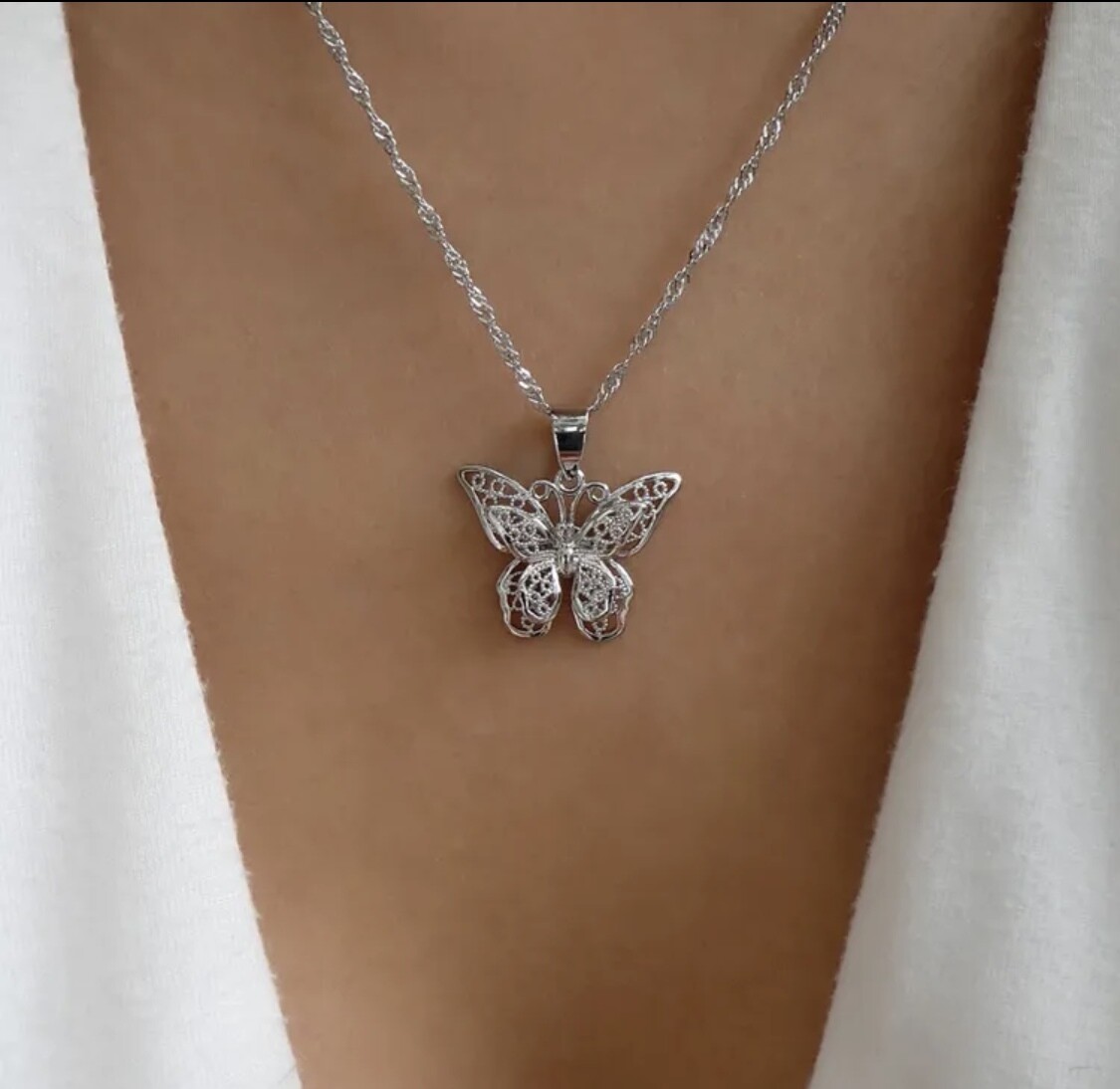 Silver Color Butterfly Pendant Chain Necklace For Women Jewelry Party
