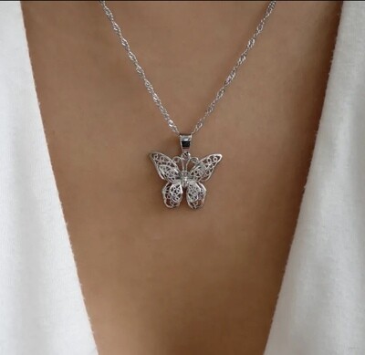 Silver Color Butterfly Pendant Chain Necklace For Women Jewelry Party