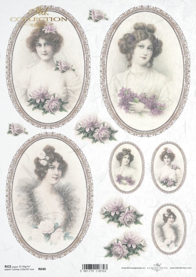 Frauenporträts in ovalen Rahmen ,Spitzen Rahmen,Blumen