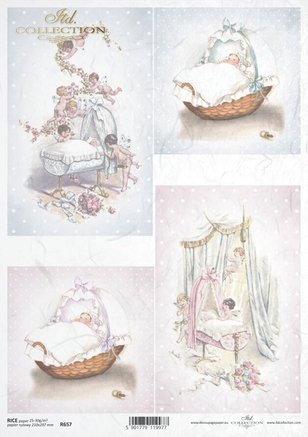 Baby in einem Korb,in einem Babybett , blau, rosa  Reispapier A4 von ITD Collection