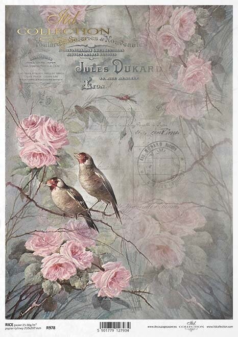 Rosen, Vögel , Schrift Reispapier A4 von ITD Collection