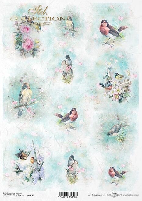 Produktfoto .Vögel,Blumen Aquarell Hintergrund Reispapier A4 von ITD Collection