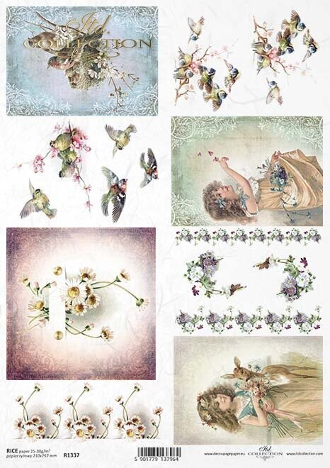 Produktfoto. Mädchen ,Blumen , Vögel, Reh Reispapier A4 von ITD Collection