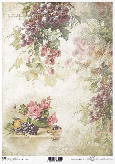 Frucht, Traube, Pfirsich, Rose  Reispapier A4 von ITD Collection