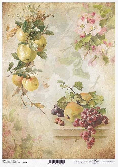 Rote Trauben, Äpfel, Apfelblüten  Reispapier A4 von ITD Collection
