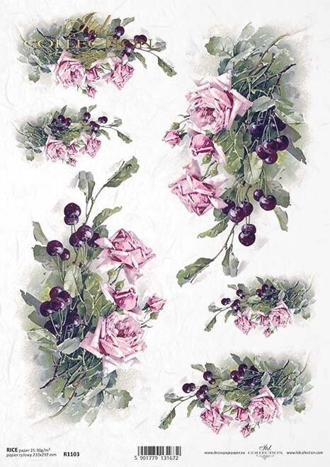 Rosa Rosen und dunkle Kirschen Reispapier A4 von ITD Collection 