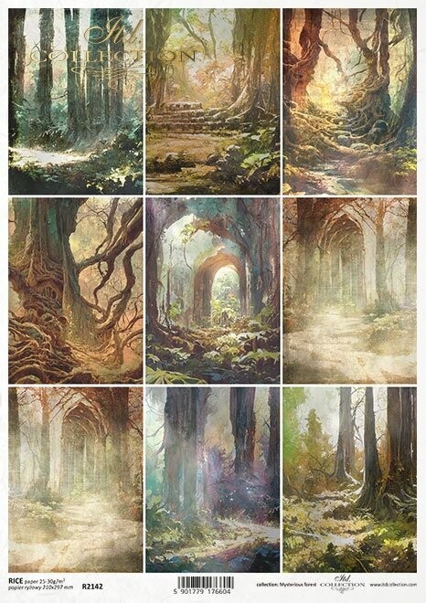 Geheimnisvoller Wald , Bäume ,9 Miniatur  Reispapier A4 von ITD Collection