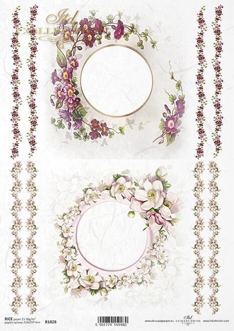 2 leere, runde &quot; Fenster&quot; ,umgeben von Blumen Reispapier A4 von ITD Collection 
