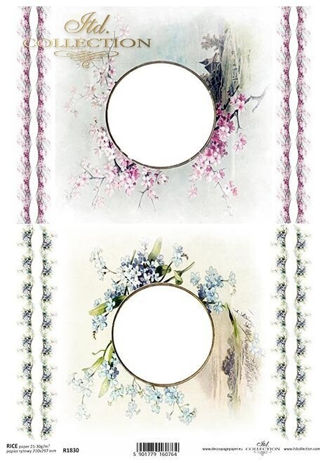 2 leere, runde &quot; Fenster &quot; umgeben von Blumen  Reispapier A4 von ITD Collection 