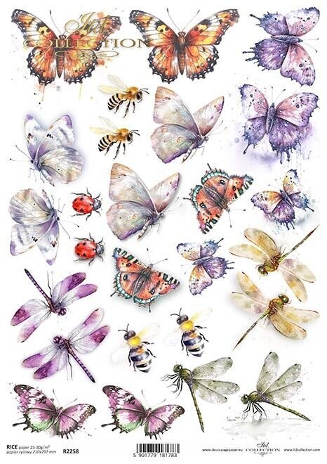Schmetterlinge,Liebellen,Marienkäfer, Bienen  Reispapier A4 von ITD Collection 