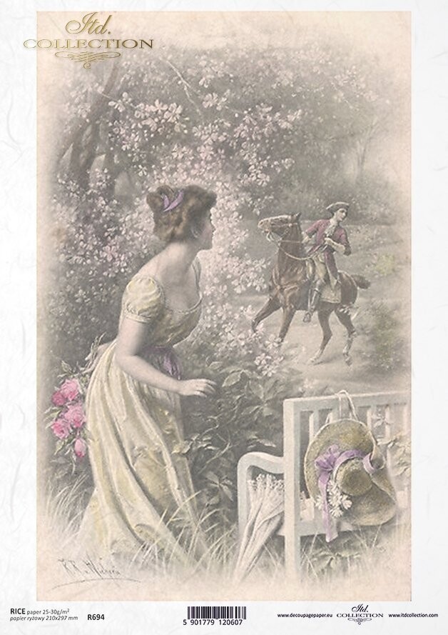 Verliebtes Paar, Garten, Pferd, Bank Reispapier A4 von ITD Collection 