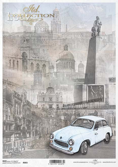 Produktfoto. Reispapier A4 Vintage Retro Altes Auto Stadt Lodz