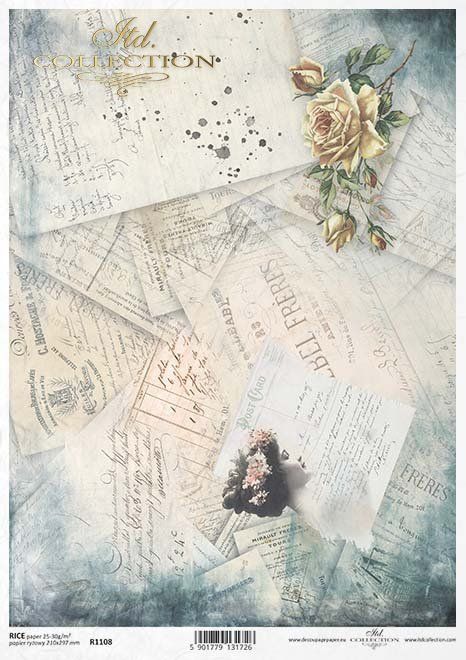 Produktfoto.Reispapier A4 Vintage Retro Alte Postkarten ,Briefe, Mädchenkopf, Rosen