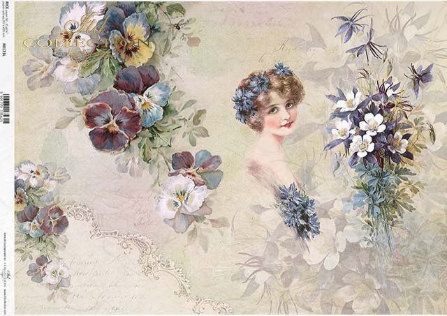 Stiefmütterchen, Feldblumenstrauß Mädchen mit Blumen Vintage  Reispapier A3 von ITD Collection