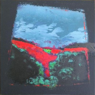 Tableau abstrait contemporain aux couleurs bleues et rouges évoquant les soirs africains, œuvre originale sur toile