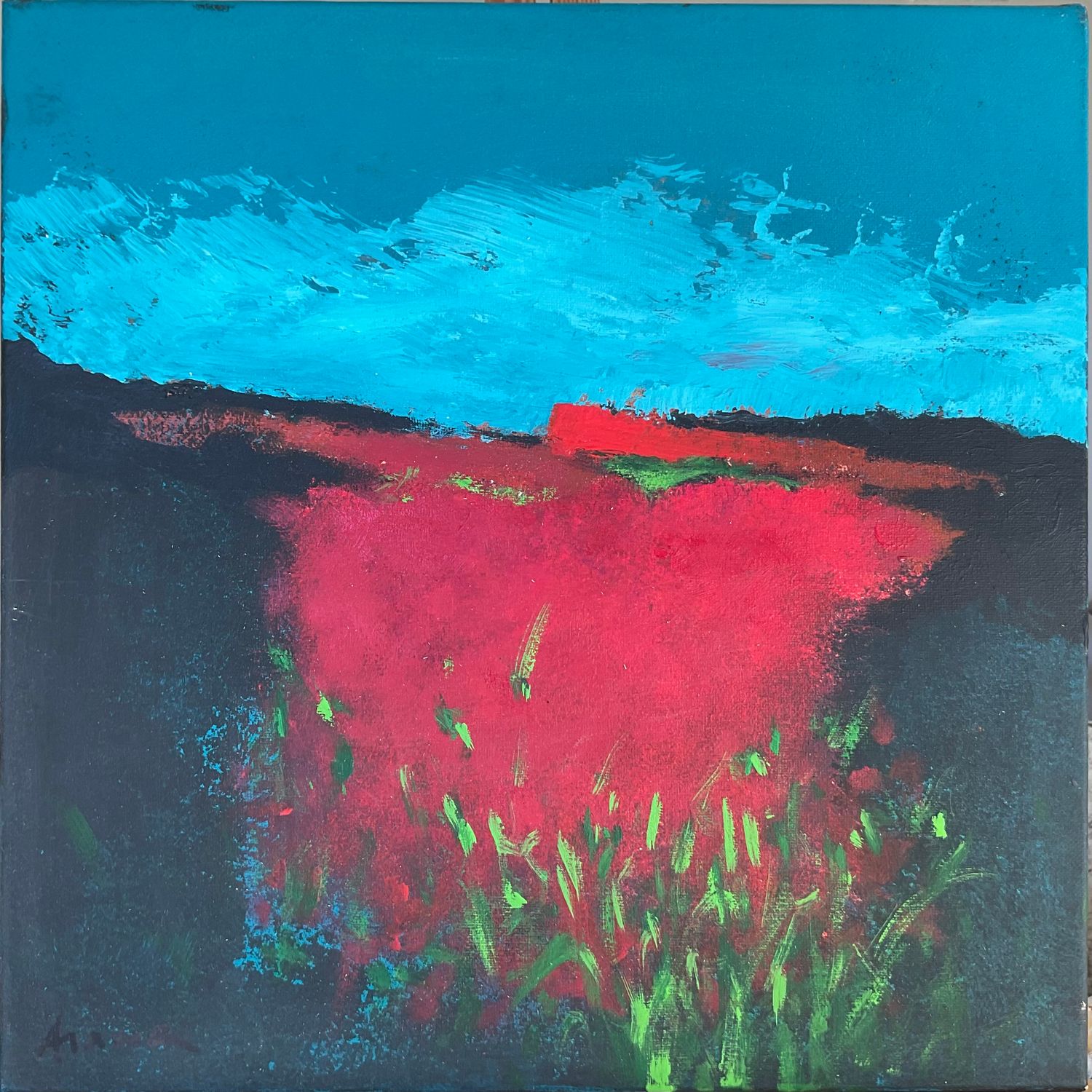Peinture abstraite expressive rouge, bleu et vert inspirée des paysages africains au crépuscule, série Soirs d’Afrique