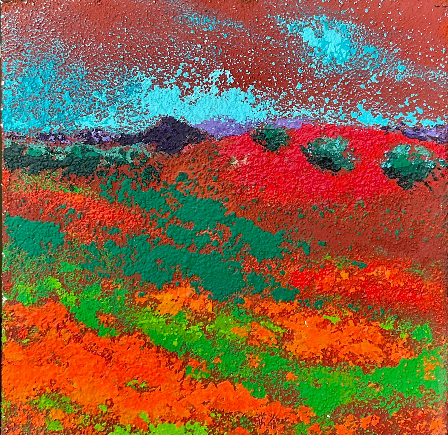 Tableau abstrait contemporain peint au Maroc, champs de fleurs sauvages derrière la maison de l’artiste, toile 40x40 cm