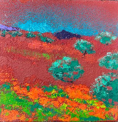 Tableau abstrait contemporain peint au Maroc, champs de fleurs sauvages derrière la maison de l’artiste, toile 40x40 cm