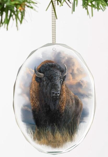 Distant Thunder- Bison Oval Glass Ornament by Rosemary Millette