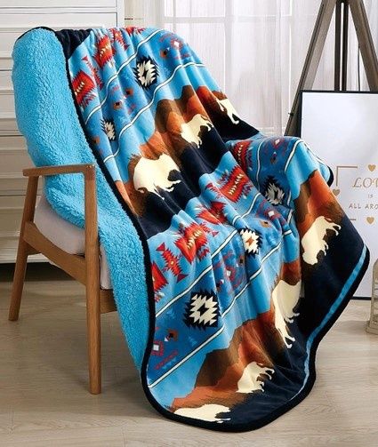 Rustic Bison Sherpa Throw, Color: Turquoise