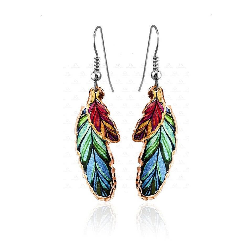 Copper Colorful Feather Earrings