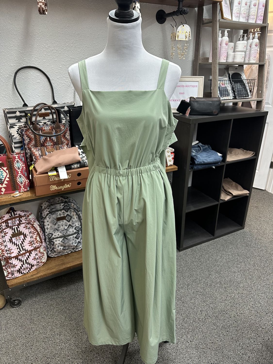 Olive Sage Wide Leg Elastic Waist Jumpsuit