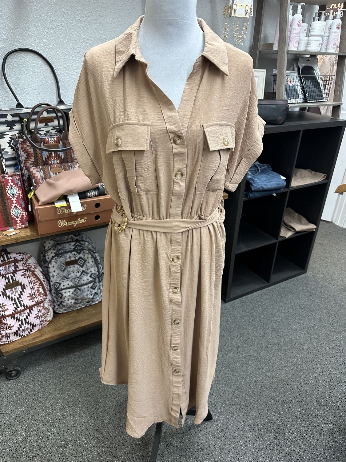 Plus Collared Button Down Belted Midi Dress