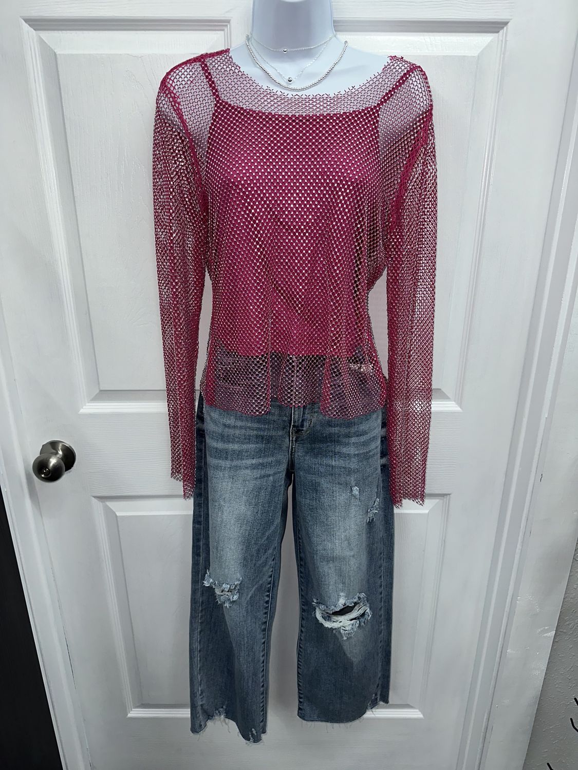Fishnet Mesh Rhinestone Lined Top