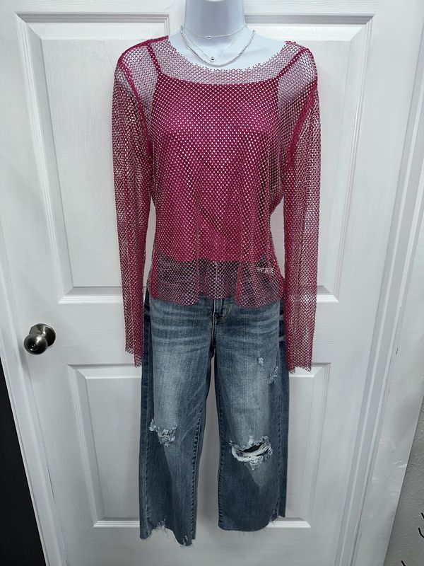 Fishnet Mesh Rhinestone Lined Top