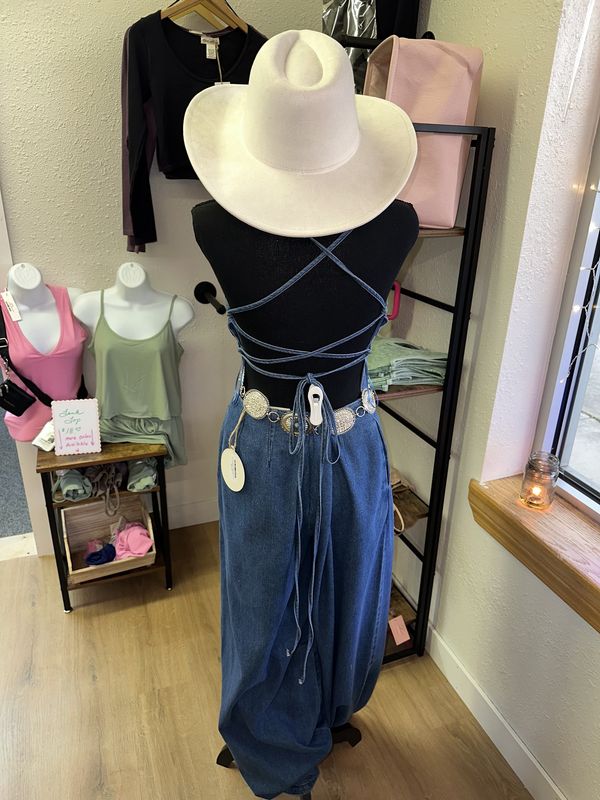 Lace Up Back Wide Leg Denim Jumpsuit