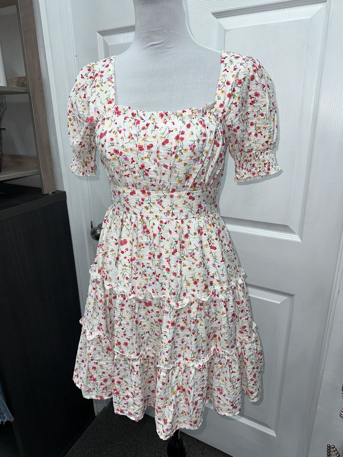 Floral Square Neck Puff Sleeve Midi Dress