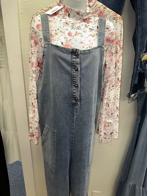 Stone Blue Washed Denim Half Buttons Patched Pocket Wide Leg Overalls